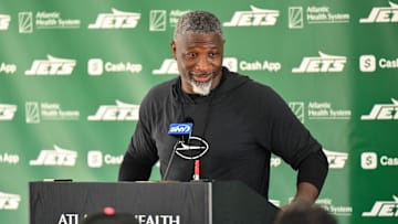 Jul 23, 2025; Florham Park, NY, USA; New York Jets head coach Aaron Glenn speaks at a press conference during training camp at Atlantic Health Jets Training Center. Mandatory Credit: John Jones-Imagn Images
