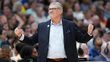 Apr 6, 2025; Tampa, FL, USA; Connecticut Huskies head coach Geno Auriemma looks on during the second half against the South Carolina Gamecocks of the national championship of the women's 2025 NCAA tournament at Amalie Arena. Mandatory Credit: Kirby Lee-Imagn Images