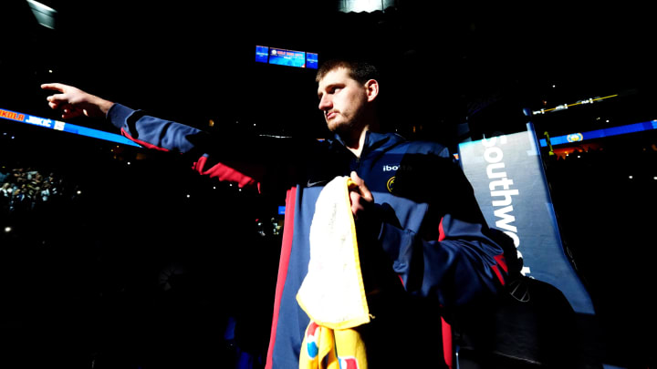 Nov 4, 2023; Denver, Colorado, USA; Denver Nuggets center Nikola Jokic (15) prior to the start of a game against the Chicago Bulls at Ball Arena. 