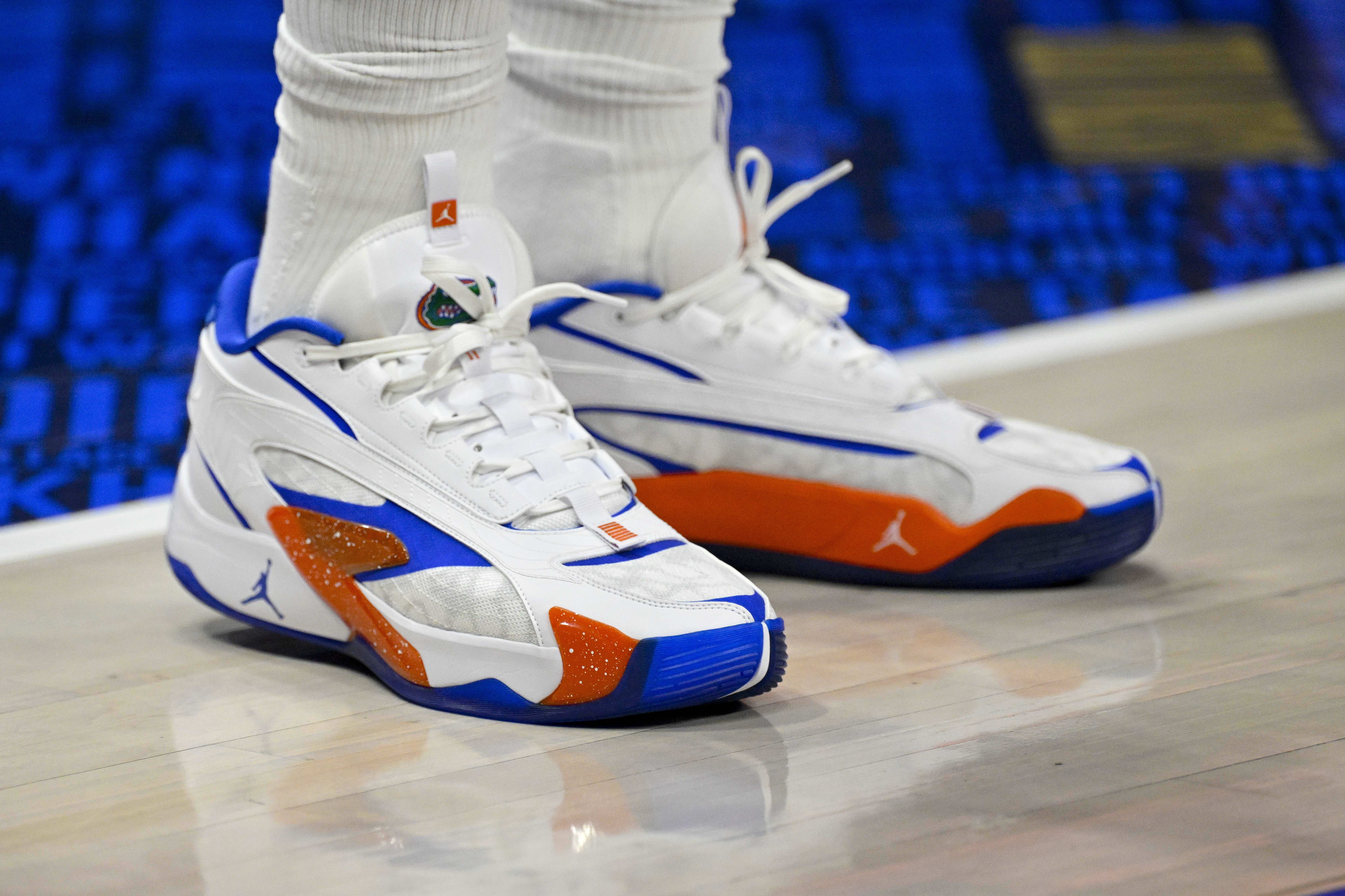 Dallas Mavericks guard Luka Doncic's white and blue Jordan Brand sneakers.