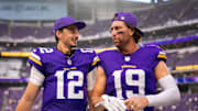 Sep 21, 2025; Minneapolis, Minnesota, USA; Minnesota Vikings quarterback Max Brosmer (12) and wide receiver Adam Thielen (19) following the game against the Cincinnati Bengals at U.S. Bank Stadium. Mandatory Credit: Brad Rempel-Imagn Images