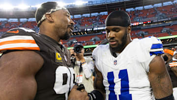 Sep 8, 2024; Cleveland, Ohio, USA; Cleveland Browns defensive end Myles Garrett (95) congratulates Dallas Cowboys linebacker Micah Parsons (11) after the game at Huntington Bank Field. Mandatory Credit: Scott Galvin-Imagn Images