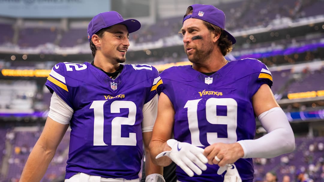 Sep 21, 2025; Minneapolis, Minnesota, USA; Minnesota Vikings quarterback Max Brosmer (12) and wide receiver Adam Thielen (19) following the game against the Cincinnati Bengals at U.S. Bank Stadium. Mandatory Credit: Brad Rempel-Imagn Images