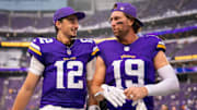 Sep 21, 2025; Minneapolis, Minnesota, USA; Minnesota Vikings quarterback Max Brosmer (12) and wide receiver Adam Thielen (19) following the game against the Cincinnati Bengals at U.S. Bank Stadium. Mandatory Credit: Brad Rempel-Imagn Images