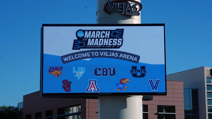 Mar 19, 2026; San Diego, CA, USA; The March Madness logo and logos of UNI, LIU, Cal Baptist, St. John's, Utah State, Arizona, Kansas and Villanova on the Viejas Arena marquee sign ahead of the first round of the men's 2026 NCAA Tournament 
