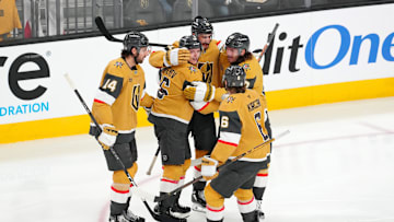 Apr 1, 2025; Las Vegas, Nevada, USA; Vegas Golden Knights left wing Pavel Dorofeyev (16) celebrates with teammates after scoring a goal against the Edmonton Oilers during the third period at T-Mobile Arena. Mandatory Credit: Stephen R. Sylvanie-Imagn Images