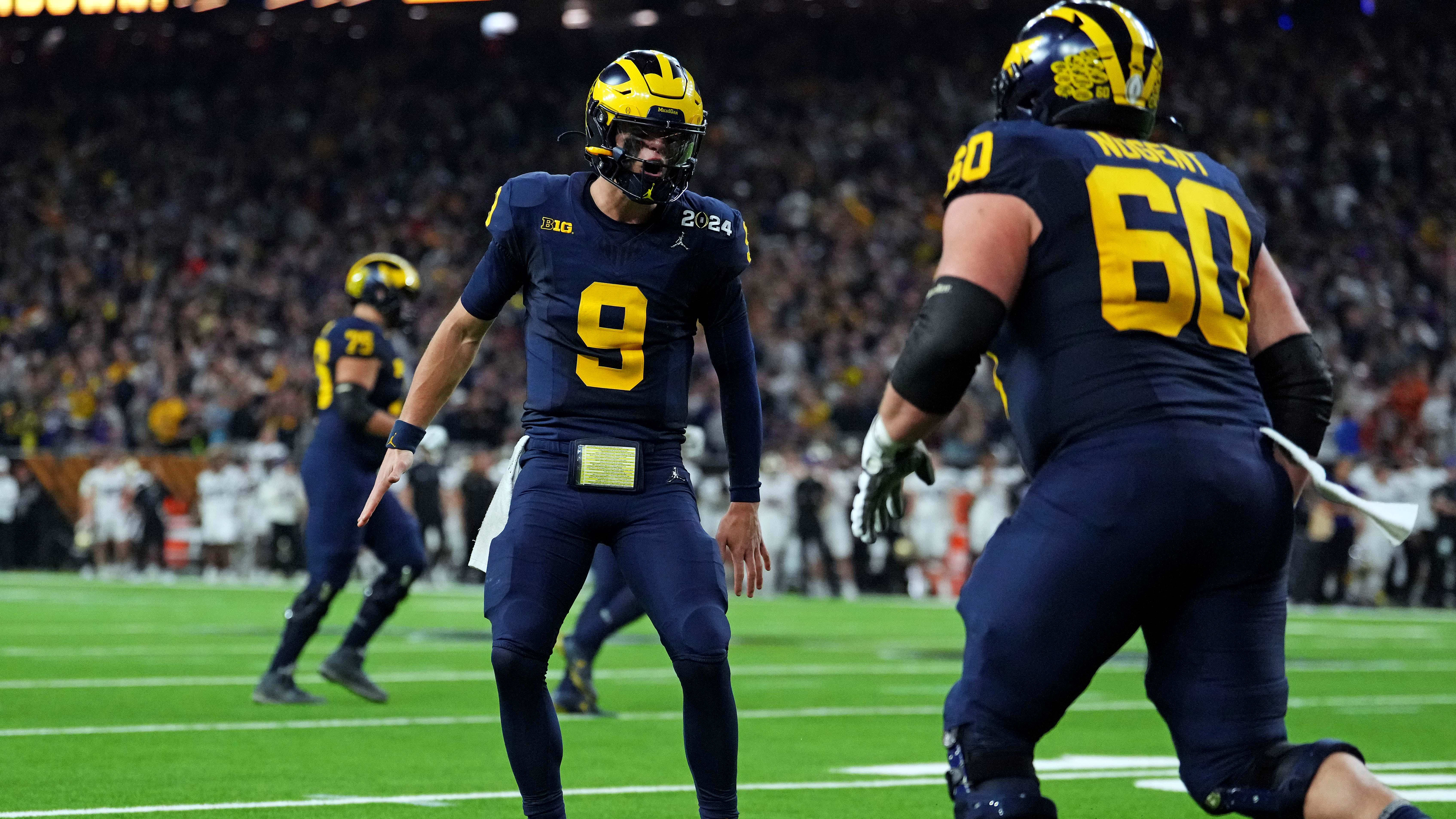 Michigan Wolverines quarterback J.J. McCarthy (9) celebrates after a touchdown.