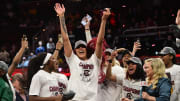 Apr 7, 2024; Cleveland, OH, USA; South Carolina Gamecocks center Kamilla Cardoso (10) reacts during her team's post-game celebration of their national championship win over Iowa