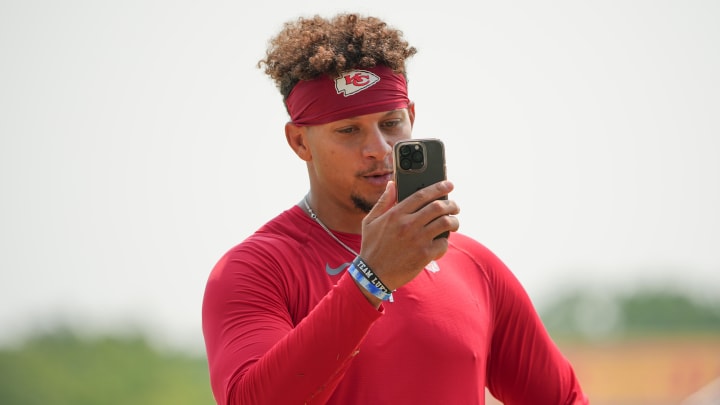 Jul 26, 2024; Kansas City, MO, USA; Kansas City Chiefs quarterback Patrick Mahomes (15) records a video message after training camp at Missouri Western State University. Mandatory Credit: Denny Medley-USA TODAY Sports