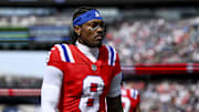 Sep 21, 2025; Foxborough, Massachusetts, USA; New England Patriots wide receiver Stefon Diggs (8) before the game against the Pittsburgh Steelers at Gillette Stadium. Mandatory Credit: Brian Fluharty-Imagn Images