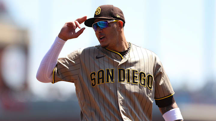 May 6, 2026; San Francisco, California, USA; San Diego Padres third baseman Manny Machado (13) gestures to third base umpire Adam Hamari (not shown) during the first inning against the San Francisco Giants at Oracle Park. Mandatory Credit: Scott Marshall-Imagn Images