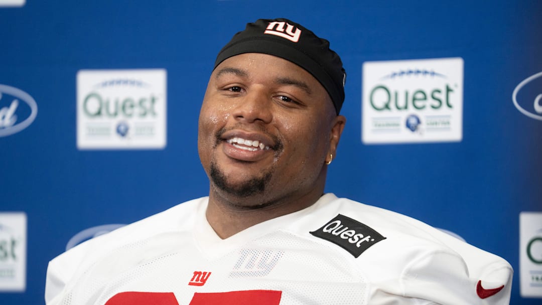 New York Giants defensive tackle Dexter Lawrence II (97) speaks at a press conference during day one of the New York Giants training camp at Quest Diagnostics Giants Training Center in East Rutherford on Wednesday, July 23, 2025.