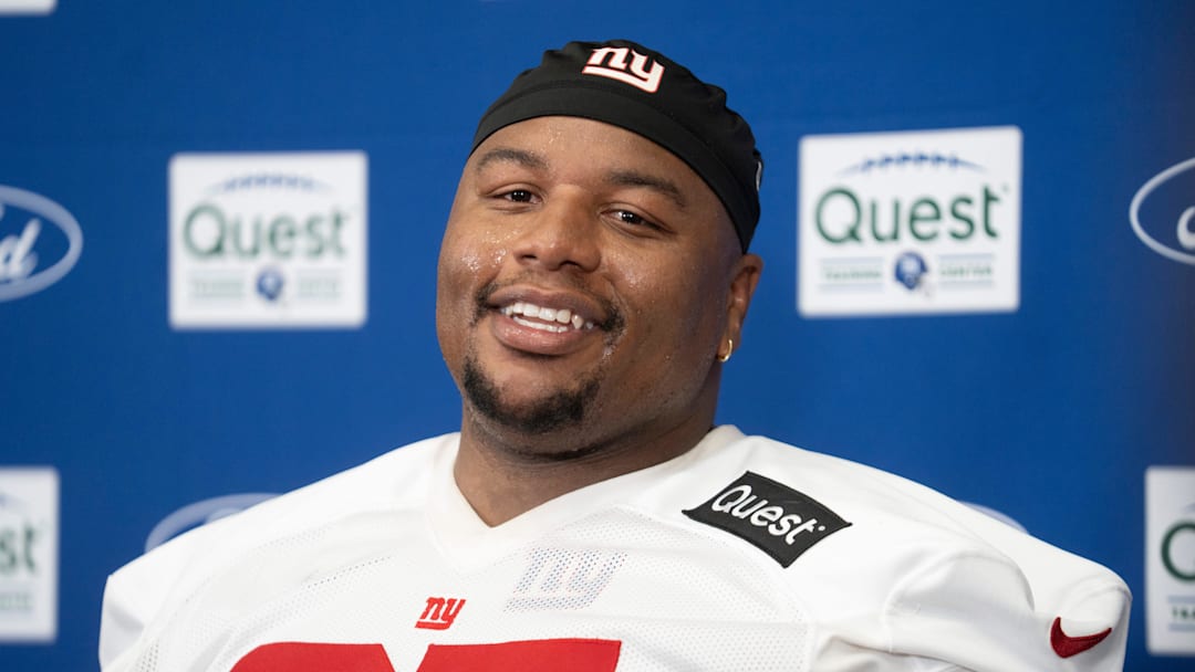New York Giants defensive tackle Dexter Lawrence II (97) speaks at a press conference during day one of the New York Giants training camp at Quest Diagnostics Giants Training Center in East Rutherford on Wednesday, July 23, 2025.