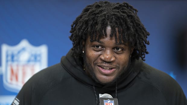 Offensive line liner of the University of Missouri Armand Membou (OL28) answers questions