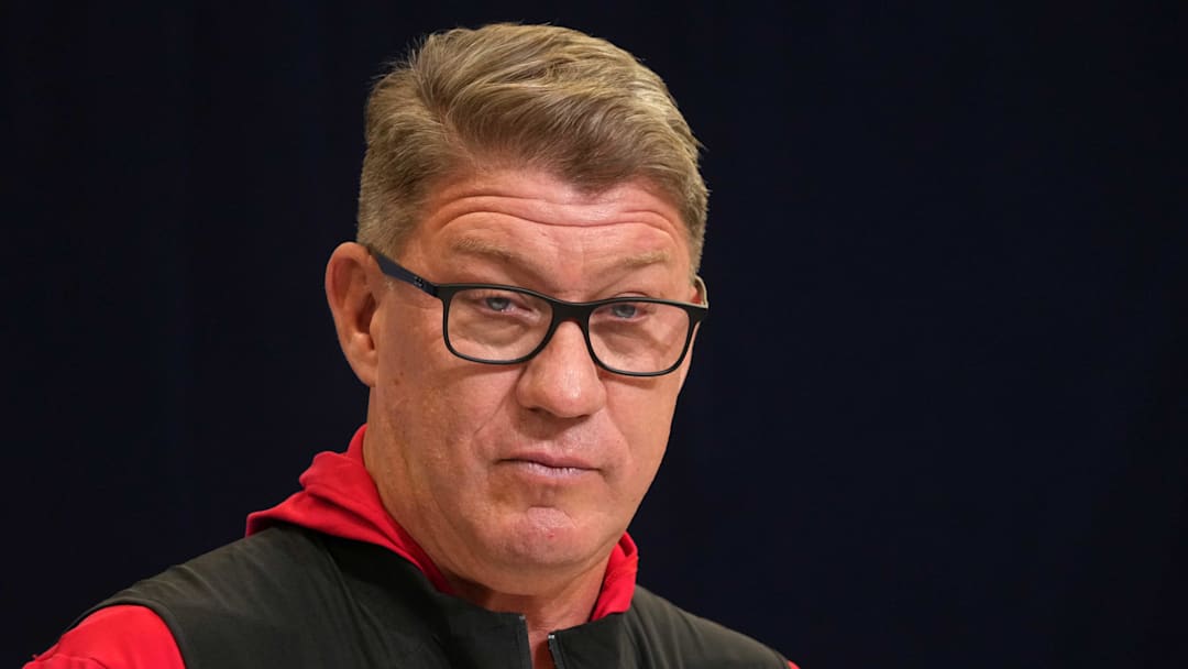 Feb 25, 2025; Indianapolis, IN, USA; Tampa Bay Buccaneers general manager Jason Licht speaks during the NFL Scouting Combine at the Indiana Convention Center. Mandatory Credit: Kirby Lee-Imagn Images