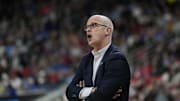 Mar 21, 2025; Raleigh, NC, USA;  Connecticut Huskies head coach Dan Hurley reacts during the first half against the Oklahoma Sooners at Lenovo Center. Mandatory Credit: Bob Donnan-Imagn Images