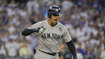 Oct 26, 2024; Los Angeles, California, USA; New York Yankees outfielder Juan Soto (22) celebrates after hitting a solo home run in the third inning against the Los Angeles Dodgers during game two of the 2024 MLB World Series at Dodger Stadium. Mandatory Credit: Jayne Kamin-Oncea-Imagn Images
