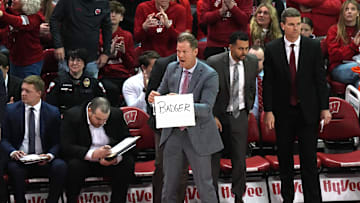 Feb 4, 2024; Madison, Wisconsin, USA; Wisconsin associate head coach Joe Krabbenhoft is shown during the first half at Kohl Center. Mandatory Credit: Mark Hoffman-Imagn Images