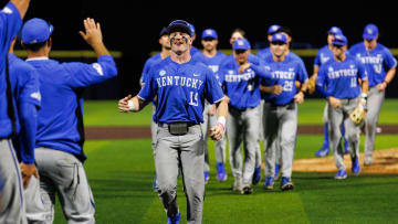 Jun 2, 2024; Lexington, KY, USA; Kentucky Wildcats outfielder Nolan McCarthy (19) celebrates with teammates after Kentucky wins against the Indiana State Sycamores at Kentucky Proud Park. Mandatory Credit: Jordan Prather-USA TODAY Sports