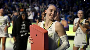 Sep 11, 2025; Arlington, Texas, USA; Dallas Wings guard Paige Bueckers (5) smiles after the game against the Phoenix Mercury at College Park Center. Mandatory Credit: Jerome Miron-Imagn Images