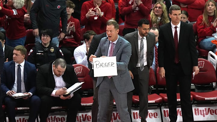 Feb 4, 2024; Madison, Wisconsin, USA; Wisconsin associate head coach Joe Krabbenhoft is shown during the first half at Kohl Center. Mandatory Credit: Mark Hoffman-Imagn Images