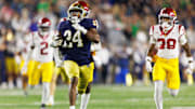 Notre Dame running back Jadarian Price (24) returns a kick for a touchdown in the second half of a NCAA football game against Southern California at Notre Dame Stadium on Saturday, Oct. 18, 2025, in South Bend.