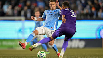 Mar 8, 2025; New York, New York, USA; New York City FC midfielder Hannes Wolf (17) defends the ball against Orlando City defender Rafael Santos (3) during the second half at Yankee Stadium. Mandatory Credit: Mark Smith-Imagn Images