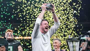 Oregon Ducks head coach Dan Lanning celebrates Saturday, Dec. 7, 2024, during the Big Ten Championship game between the Oregon Ducks and the Penn State Nittany Lions at Lucas Oil Stadium in Indianapolis. The Ducks defeated the Nittany Lions, 45-37.