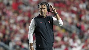 Aug 28, 2025; Madison, Wisconsin, USA;  Wisconsin Badgers head coach Luke Fickell looks on during the second quarter against the Miami (OH) RedHawks at Camp Randall Stadium. Mandatory Credit: Jeff Hanisch-Imagn Images