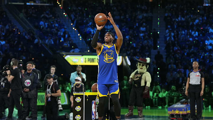 Feb 15, 2025; San Francisco, CA, USA; Golden State Warriors guard Buddy Hield (7) competes in the three-point contest during All Star Saturday Night ahead of the 2025 NBA All Star Game at Chase Center. Mandatory Credit: Kyle Terada-Imagn Images