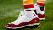 Kansas City Chiefs tight end Travis Kelce wore player-exclusive Air Jordan 11 cleats against the Washington Commanders.