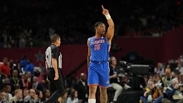 Apr 5, 2025; San Antonio, TX, USA; Florida Gators guard Alijah Martin (15) reacts after a play against the Auburn Tigers during the second half in the semifinals of the men's Final Four.