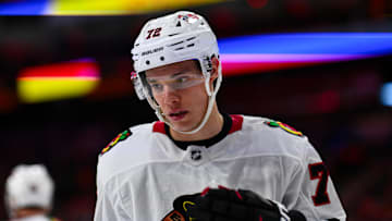 Nov 23, 2024; Philadelphia, Pennsylvania, USA; Chicago Blackhawks defenseman Alex Vlasic (72) looks on against the Philadelphia Flyers in the third period at Wells Fargo Center. Mandatory Credit: Kyle Ross-Imagn Images
