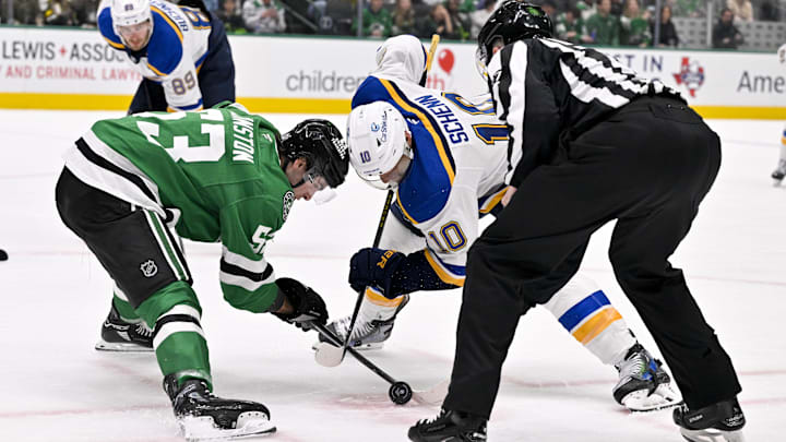 Mar 2, 2025; Dallas, Texas, USA; Dallas Stars center Wyatt Johnston (53) and St. Louis Blues center Brayden Schenn (10) take the face-off during the game between the Dallas Stars and the St. Louis Blues at the American Airlines Center. Mandatory Credit: Jerome Miron-Imagn Images