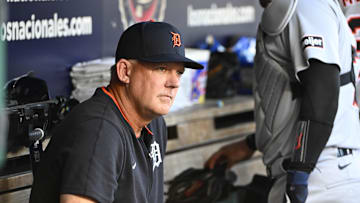 Jul 3, 2025; Washington, District of Columbia, USA; Detroit Tigers manager A.J. Hinch (14) in the dugout before the game against the Washington Nationals at Nationals Park. Mandatory Credit: Brad Mills-Imagn Images