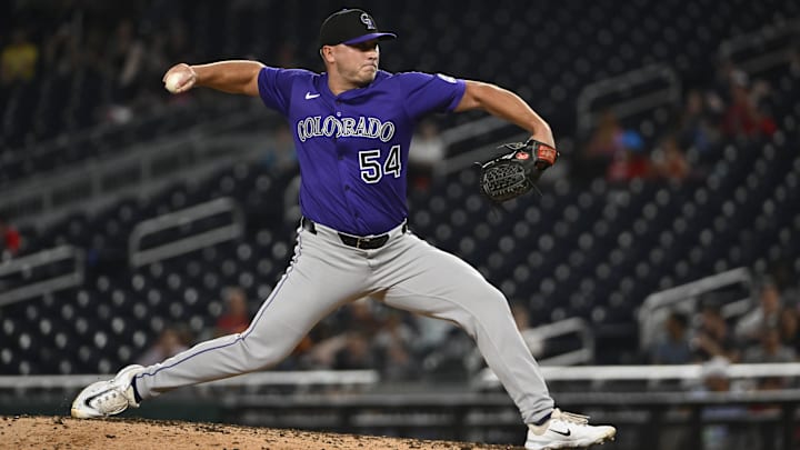 Jun 18, 2025; Washington, District of Columbia, USA; Colorado Rockies relief pitcher Seth Halvorsen (54) throws to the Washington Nationals during the ninth inning at Nationals Park. Mandatory Credit: Brad Mills-Imagn Images Jun 18, 2025; Washington, District of Columbia, USA; Colorado Rockies relief pitcher Seth Halvorsen (54) throws to the Washington Nationals during the ninth inning at Nationals Park. Mandatory Credit: Brad Mills-Imagn Images