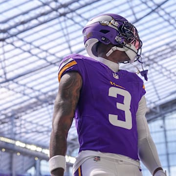 Aug 10, 2024; Minneapolis, Minnesota, USA; Minnesota Vikings wide receiver Jordan Addison (3) warms up before the game against the Las Vegas Raiders at U.S. Bank Stadium.