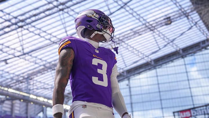 Aug 10, 2024; Minneapolis, Minnesota, USA; Minnesota Vikings wide receiver Jordan Addison (3) warms up before the game against the Las Vegas Raiders at U.S. Bank Stadium.