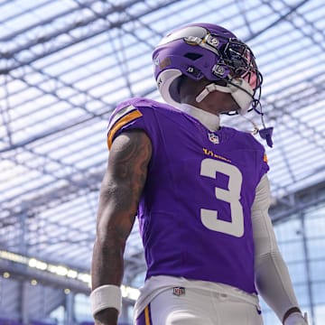 Aug 10, 2024; Minneapolis, Minnesota, USA; Minnesota Vikings wide receiver Jordan Addison (3) warms up before the game against the Las Vegas Raiders at U.S. Bank Stadium. Mandatory Credit: Brad Rempel-Imagn Images