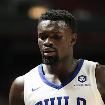 Jul 10, 2025; Las Vegas, NV, USA; Philadelphia 76ers forward/center Adem Bona (30) looks on in the first quarter of their game against the San Antonio Spurs at Thomas & Mack Center. Mandatory Credit: Candice Ward-Imagn Images