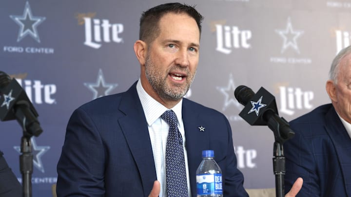 Jan 27, 2025; Frisco, TX, USA;   Dallas Cowboys Head Coach Brian Schottenheimer speaks to the media at a press conference at the Star.  Mandatory Credit: Tim Heitman-Imagn Images