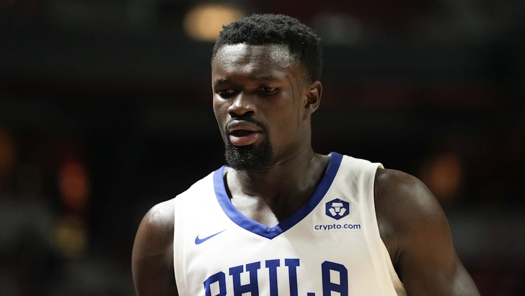 Jul 10, 2025; Las Vegas, NV, USA; Philadelphia 76ers forward/center Adem Bona (30) looks on in the first quarter of their game against the San Antonio Spurs at Thomas & Mack Center. Mandatory Credit: Candice Ward-Imagn Images