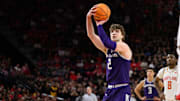 Mar 8, 2025; College Park, Maryland, USA; Northwestern Wildcats forward Nick Martinelli (2) shoots a free throw during the first half against the Maryland Terrapins at Xfinity Center. Mandatory Credit: Reggie Hildred-Imagn Images