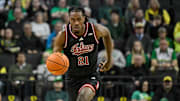 Mar 4, 2025; Eugene, Oregon, USA; Indiana Hoosiers forward Mackenzie Mgbako (21) dribbles the ball against the Oregon Ducks during the second half at Matthew Knight Arena. Mandatory Credit: Craig Strobeck-Imagn Images