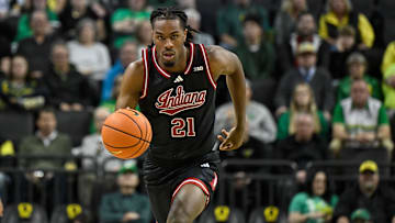 Mar 4, 2025; Eugene, Oregon, USA; Indiana Hoosiers forward Mackenzie Mgbako (21) dribbles the ball against the Oregon Ducks during the second half at Matthew Knight Arena. Mandatory Credit: Craig Strobeck-Imagn Images
