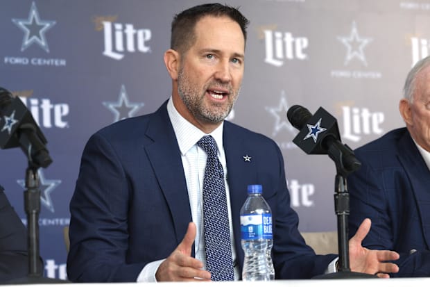  Dallas Cowboys Head Coach Brian Schottenheimer speaks to the media at a press conference at the Star.