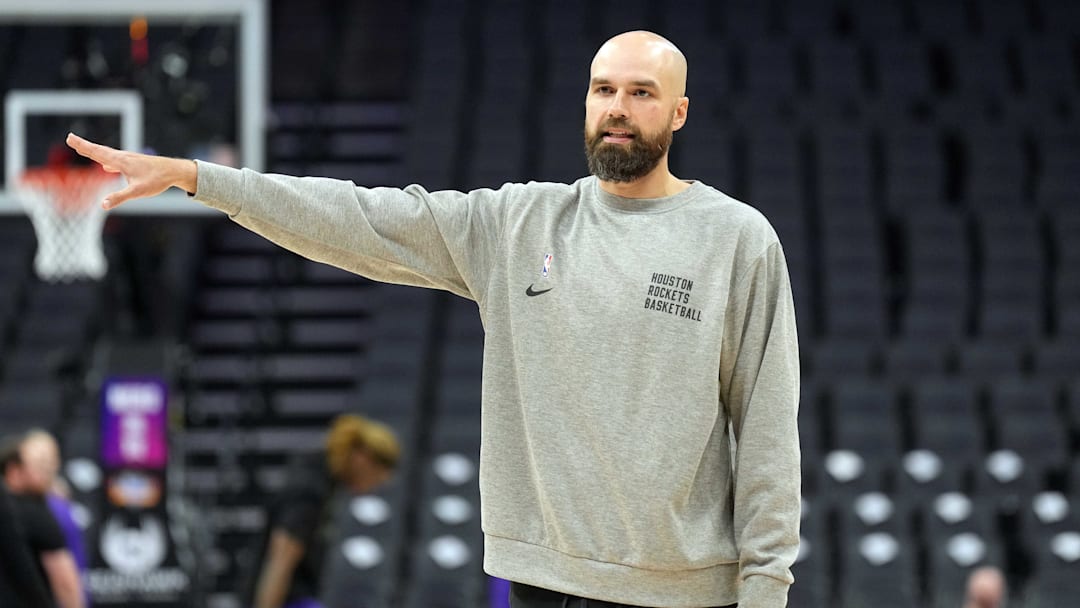 Mar 10, 2024; Sacramento, California, USA; Houston Rockets assistant coach Ben Sullivan gestures before the game against the Sacramento Kings at Golden 1 Center. Mandatory Credit: Darren Yamashita-Imagn Images