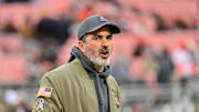 Nov 16, 2025; Cleveland, Ohio, USA; Cleveland Browns head coach Kevin Stefanski on the sidelines during warmups prior to a game against the Baltimore Ravens at Huntington Bank Field. Mandatory Credit: Ken Blaze-Imagn Images
