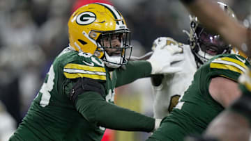 Green Bay Packers offensive tackle Rasheed Walker (63) provides pass protection during the third quarter of their game Monday, December 23, 2024 at Lambeau Field in Green Bay, Wisconsin. The Green Bay Packers beat the New Orleans Saints 34-0.