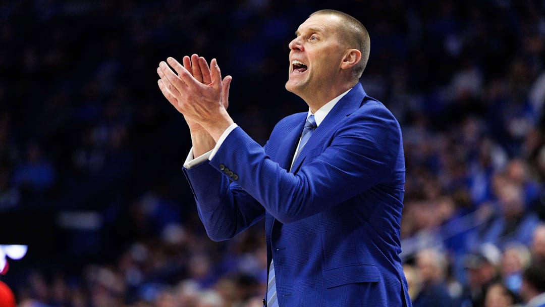 Jan 24, 2026; Lexington, Kentucky, USA; Kentucky Wildcats head coach Mark Pope claps after a possession during the second half against the Mississippi Rebels at Rupp Arena at Central Bank Center. Mandatory Credit: Jordan Prather-Imagn Images